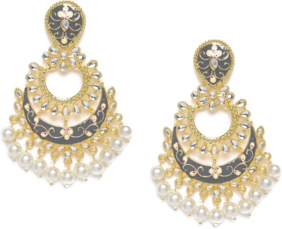 LAIDA Gold-Plated & Grey Handcrafted Crescent Shaped Chandbalis Beads Alloy Chandbali Earring