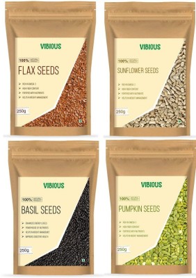 VIBIOUS Weight loss Premium Quality Combo pack of 4 Edible Raw Seeds of Pumpkin, Basil ,Flax & Sunflower 1000gms (250g eachX4) Brown Flax Seeds, Sunflower Seeds, Pumpkin Seeds, Basil Seeds(1000 g, Pack of 4)