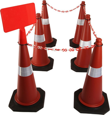 Ladwa 750mm Combo of Impact Resistant Road 6 Traffic Safety Cones + 6 mtr chain + 1 Sign Plate with Reflective Strips Collar For Road Attention. Emergency Sign(Reflective Sign)