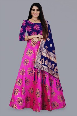 QUEDDY'S Floral Print Semi Stitched Lehenga Choli(Blue)