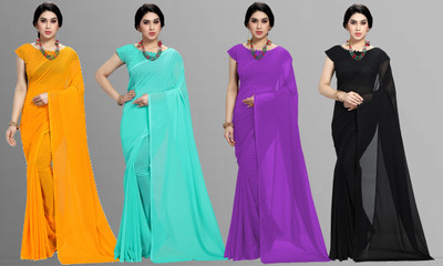 kashvi sarees Solid/Plain Daily Wear Chiffon Saree(Pack of 4, Multicolor)