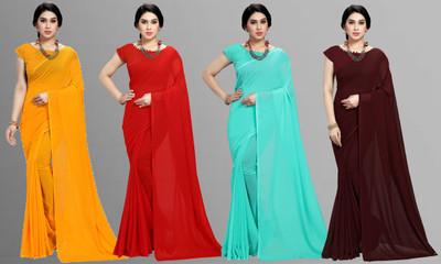 kashvi sarees Solid/Plain Daily Wear Chiffon Saree(Pack of 4, Multicolor)
