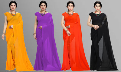 Anand Sarees Solid/Plain Daily Wear Chiffon Saree(Pack of 4, Multicolor)