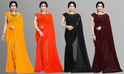 kashvi sarees Solid/Plain Daily Wear Chiffon Saree(Pack of 4, Multicolor)