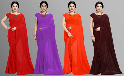 Anand Sarees Solid/Plain Daily Wear Chiffon Saree(Pack of 4, Multicolor)