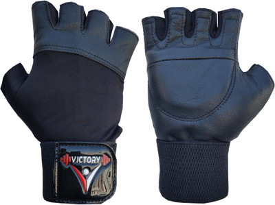 VICTORY Vision - Fully Leather Gym Gloves for Men & Women With Wrist support Gym & Fitness Gloves(Black)