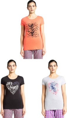 JOCKEY Printed Women Round Neck Black, Orange, Grey T-Shirt