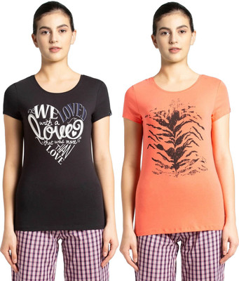 JOCKEY Printed Women Round Neck Black, Orange T-Shirt