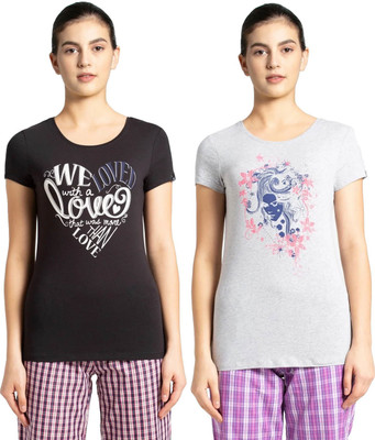 JOCKEY Printed Women Round Neck Black, Grey T-Shirt