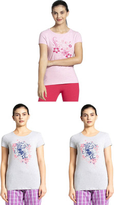 JOCKEY Graphic Print Women Round Neck Pink, Grey T-Shirt