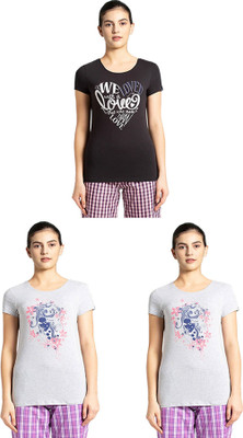 JOCKEY Graphic Print Women Round Neck Black, Grey T-Shirt
