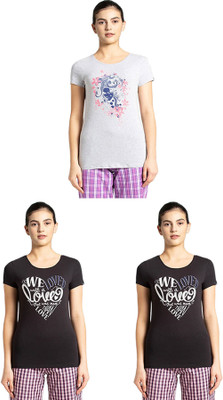 JOCKEY Graphic Print Women Round Neck Black, Grey T-Shirt
