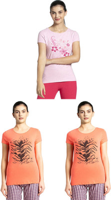 JOCKEY Graphic Print Women Round Neck Pink, Orange T-Shirt