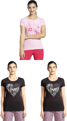 JOCKEY Graphic Print Women Round Neck Pink, Black T-Shirt