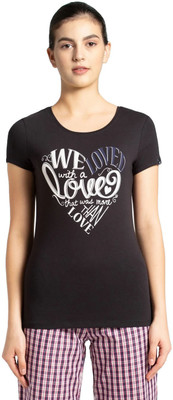 JOCKEY Printed Women Round Neck Black T-Shirt
