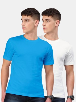 BE AWARA Solid Men Round Neck Light Blue T-Shirt