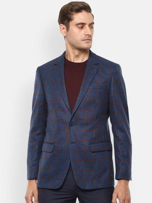 LOUIS PHILIPPE Checkered Single Breasted Formal Men Blazer(Dark Blue)
