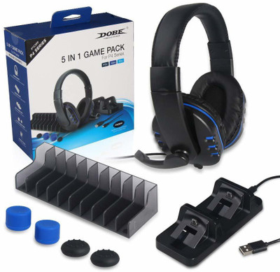 NEW WORLD 5 in 1 Game Pack, Dual Charger Station Dock, Headset with Mic, Disc Stroage Stand, Charging Cable and Thumbstick Cover Grips for Playstation 4 PS4, PS4 Pro, PS4 Slim Charging Station(Playstation 4, Playstation 5)
