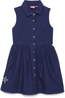 Under Fourteen Only Girls Midi/Knee Length Casual Dress(Blue, Sleeveless)
