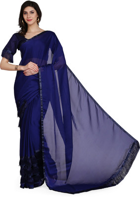 KAVINDI Solid/Plain Bollywood Georgette Saree(Dark Blue)