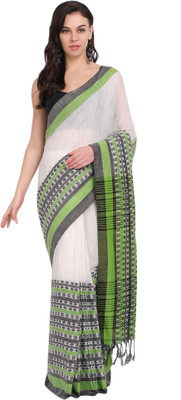 usk Printed Handloom Pure Silk Saree(White)