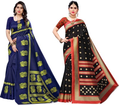 PINK WISH Printed Bhagalpuri Art Silk Saree(Pack of 2, Dark Blue, Black)