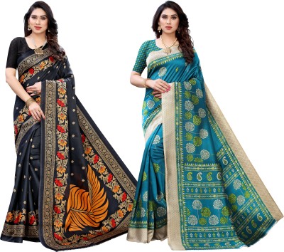 PINK WISH Printed Daily Wear Art Silk Saree(Pack of 2, Blue, Black)