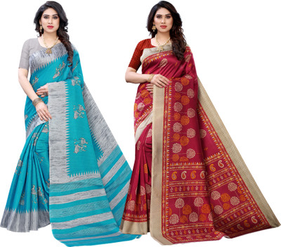 PINK WISH Printed Madhubani Art Silk Saree(Pack of 2, Light Blue, Maroon)