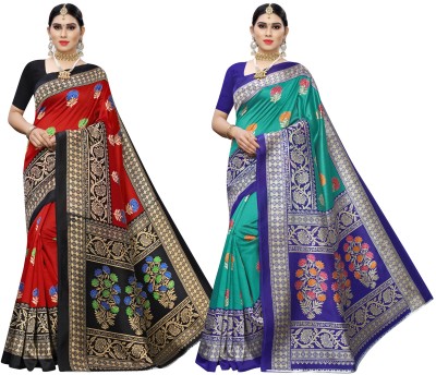 RENSILAFAB Printed Bollywood Art Silk Saree(Pack of 2, Red, Green)