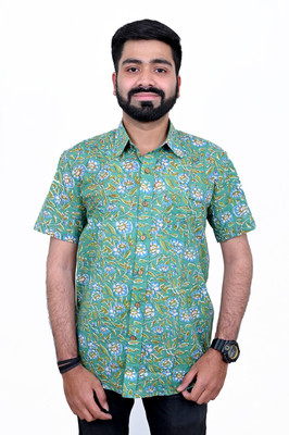MERAKII Men Floral Print Casual Green Shirt