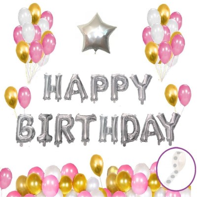 Agk Solid Happy Birthday Silver Letter Foil Balloon| 30 pcs Pink, Gold & White Metallic Balloon |1 Pcs Silver Star | 1 Pcs Strong Glue Dots Roll (Combo Of 45 Pcs Birthday & Party Decoration) Letter Balloon(Pink, Gold, White, Pack of 45)