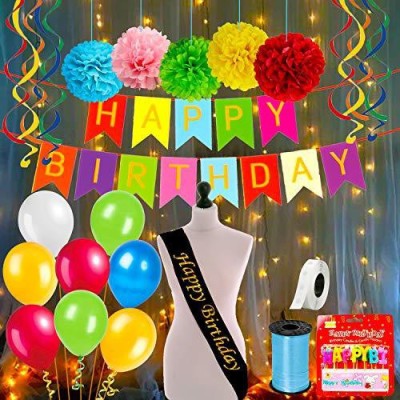 Party Propz Multicolour Birthday Decoration kit Combo Items - 48 Pcs Set With Happy Bday Sash, Pom pom, Metallic Balloons, Birthday Banner Ribbon with Fairy Light For Kids, Husband, Boys, Girls(Set of 48)