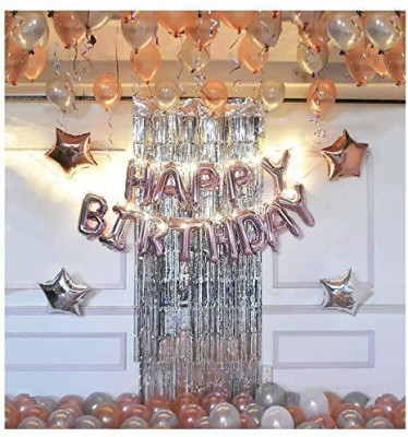Party Propz Rose Gold Birthday Decoration Kit -72Pcs with Happy Bday Ballons Led Light Foil Curtain and Hand Balloon Pump Star Foil Balloons for Baby Girls, Women, Boys,Wife Theme Celebration Items(Set of 72)
