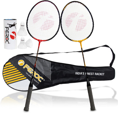 FEROC Organic Light Aluminum Badminton -Racket Set of -2 with- 3 Pieces Feather shuttles with Full- Cover Badminton Kit