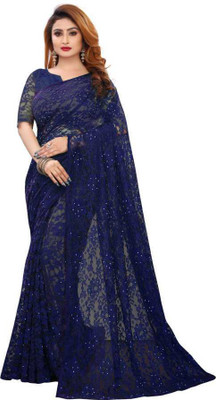 AVANTIKA FASHION Embellished, Woven, Dyed, Solid/Plain Bollywood Net Saree(Dark Blue)