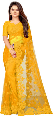 S B Senjaliya Embroidered Bollywood Net Saree(Yellow)