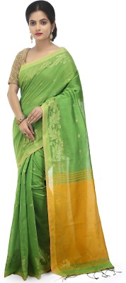 dehi saree Embroidered Tant Cotton Silk Saree(Green, Yellow)