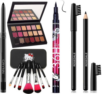 Crynn Smudge Proof Kajal & Palette & Deep Black Eyeliner & Naked Perfect Set of 7 Makeup Brush & Professional Black Eyebrow Pencil(11 Items in the set)
