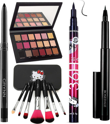 Crynn Smudge Proof Kajal & Eyeshadow Palette & Deep Black Eyeliner & Perfect Set of 7 Makeup Brush & Black Eyeliner(11 Items in the set)