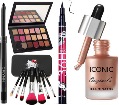 Crynn Smudge Proof Kajal & Eyeshadow Palette & Deep Black Eyeliner & Perfect Set of 7 Makeup Brush & Highlighter(11 Items in the set)