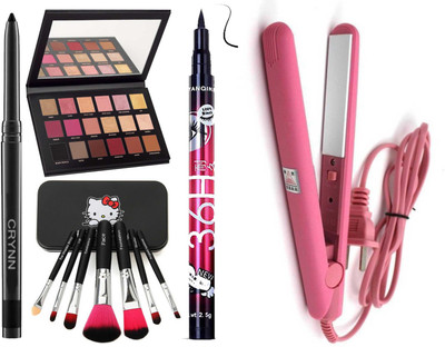 Crynn Smudge Proof Kajal & Rose Gold Eyeshadow Palette & Deep Black Eyeliner & Naked Perfect Set of 7 Makeup Brush & Professional Saloon Perfect Hair Straightener(11 Items in the set) Crynn Smudge Proof Kajal & Rose Gold Eyeshadow Palette & Deep Black Eyeliner & Naked Perfect Set of 7 Makeup Brush & Professional Saloon Perfect Hair Straightener(11 Items in the set)