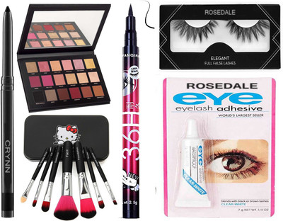 Crynn Smudge Proof Kajal & Eyeshadow Palette & Deep Black Eyeliner & Perfect Set of 7 Makeup Brush & False Eyelash Pair & Glue(12 Items in the set)