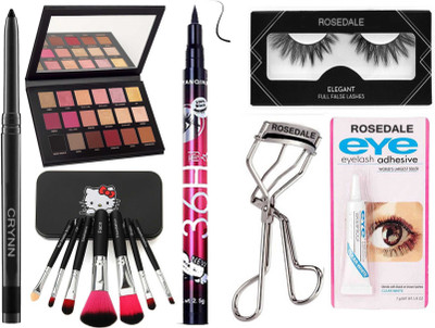 Crynn Smudge Proof Kajal & Rose Gold Eyeshadow Palette & Deep Black Eyeliner & Perfect Set of 7 Makeup Brush & Eyelash Pair & Glue, Curler(13 Items in the set)