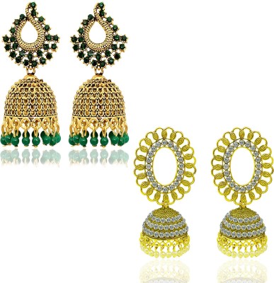 The Hawks Corporation Antique Design Gold Plated Jhumki Earring for Girls Green & White Stone & Pearls rhinestone; crystal; Non-Precious Metal Ethnic Inspired Statement Traditional Earrings for Women Jhumka/Jhumki (Combo of 2) Crystal Metal Drops & Danglers