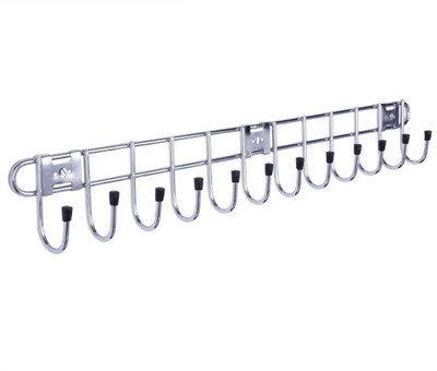 Urbanware 10 Pin Stainless Steel Bathroom Hook Rail/Cloth Hanger/Door Robe Hook/Multi Purpose Wardrobe and Kitchen Utensil Hook Rail for Hanging Keys, Cloth and Pan Swivel Hook 10(Pack of 1)