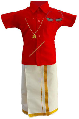 Goldstar Boys Festive & Party Dhoti, Shawl and Shirt Set(Orange Pack of 1)