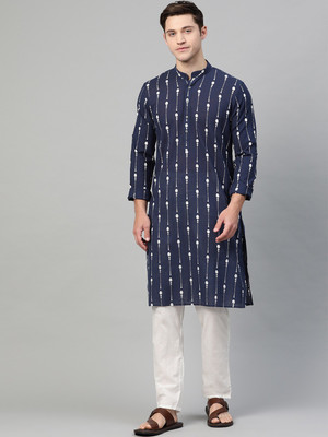 See Design Men Printed Straight Kurta(Blue)