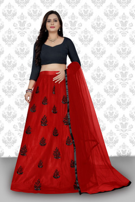 QUEDDY'S Embroidered Semi Stitched Lehenga & Crop Top(Red)