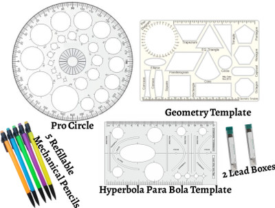 Upyukat Plastic Pro Circle with 25 Circles, Hyperbola- Parabola Template, Geometry Template with 16 shapes, Along with 5 Refillable Mechanical Pencils (0.7mm) and 2 Lead Boxes, Drafting Scale Ruler Very Useful to Architect, Engineering Students, Office Employee (Set of 3) Ruler(White)