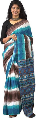 Tropwear Printed Ikkat Pure Cotton Saree(Blue)
